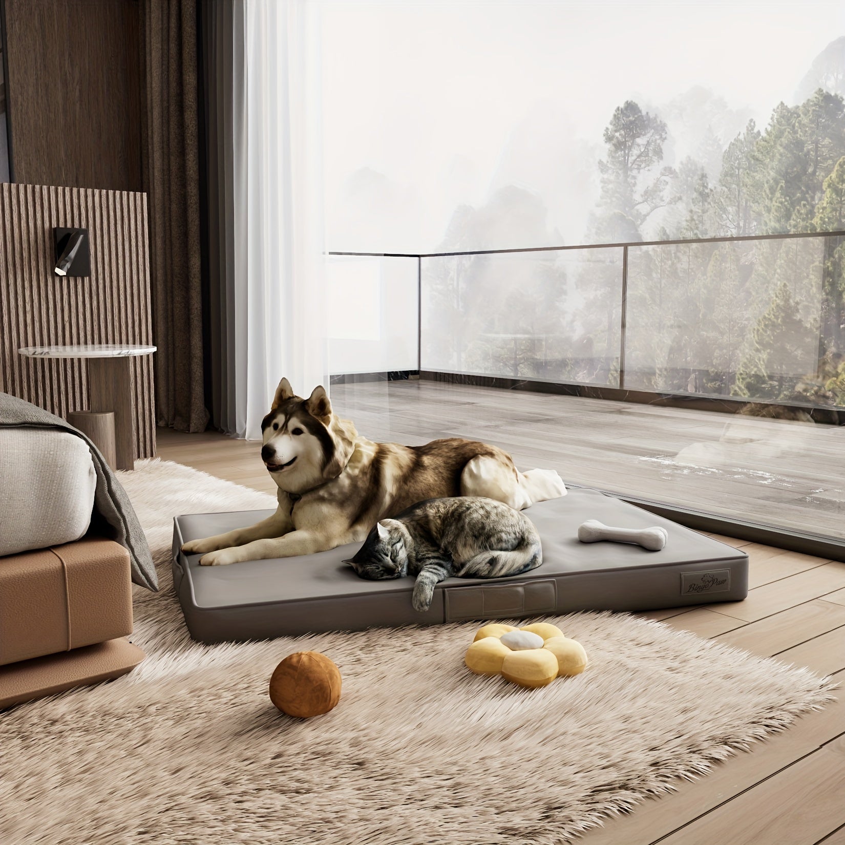 Großes Hundebett mit Mikrofaser-Lederpolsterung & orthopädischem Kissen